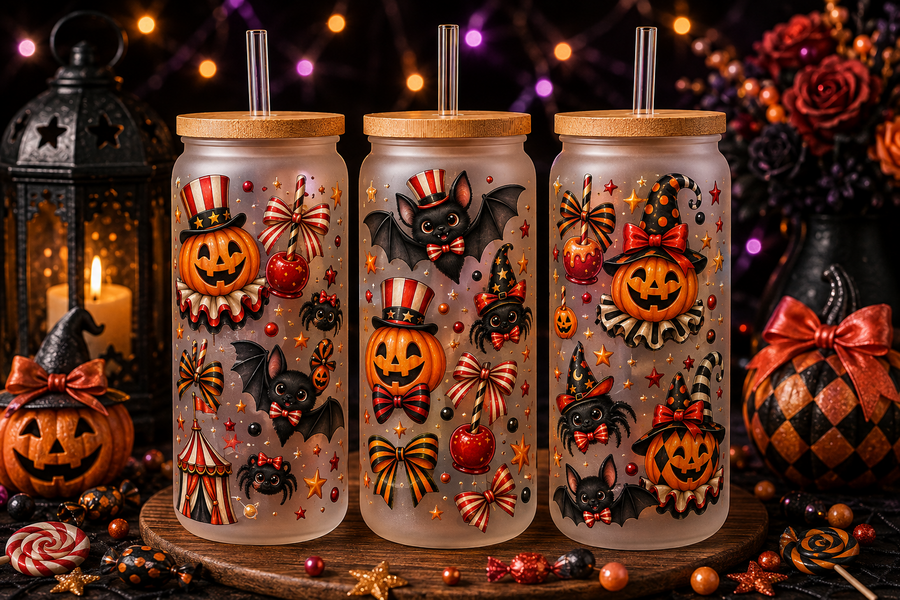 Vintage Carnival Pumpkin Halloween Glass Can Tumbler