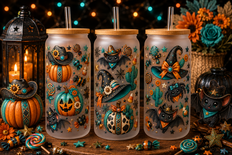 Western Teal Halloween Glass Can Tumbler