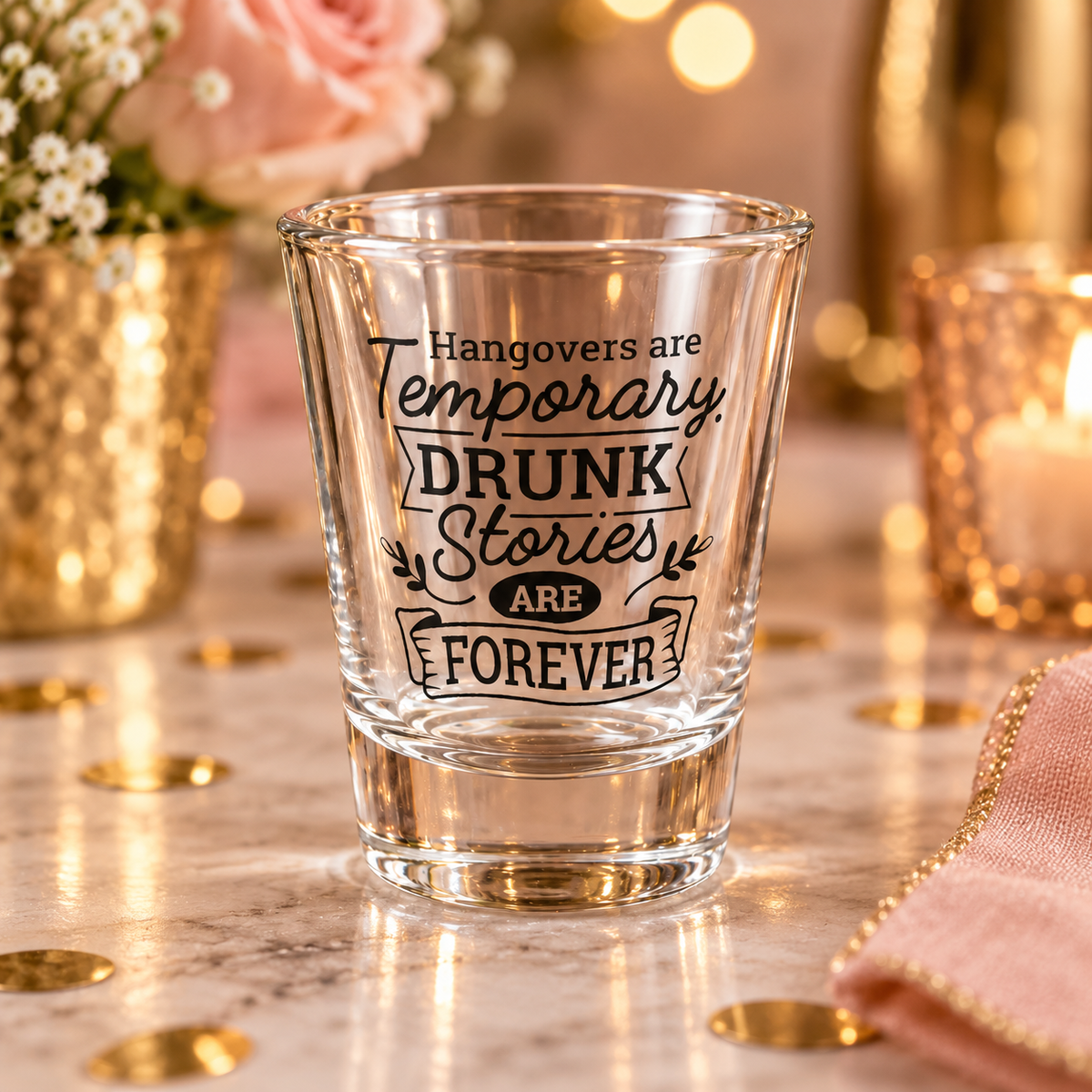 "Hangovers Are Temporary, Drunk Stories Are Forever" Funny Shot Glass – realistic lifestyle mockup