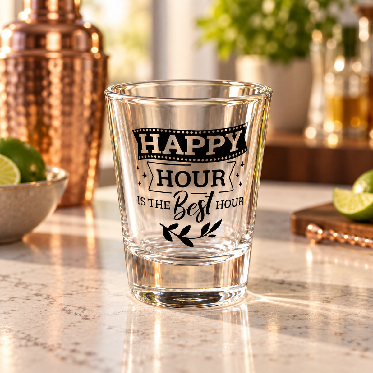 "Happy Hour Is the Best Hour" Funny Shot Glass – realistic lifestyle mockup
