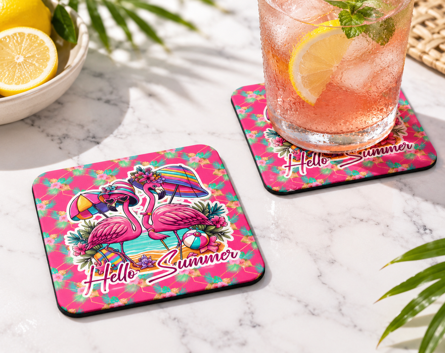 Hello Summer Flamingo Coaster – Tropical Beach Home Decor