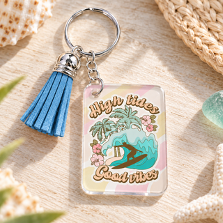 High Tides Good Vibes keychain with blue tassel