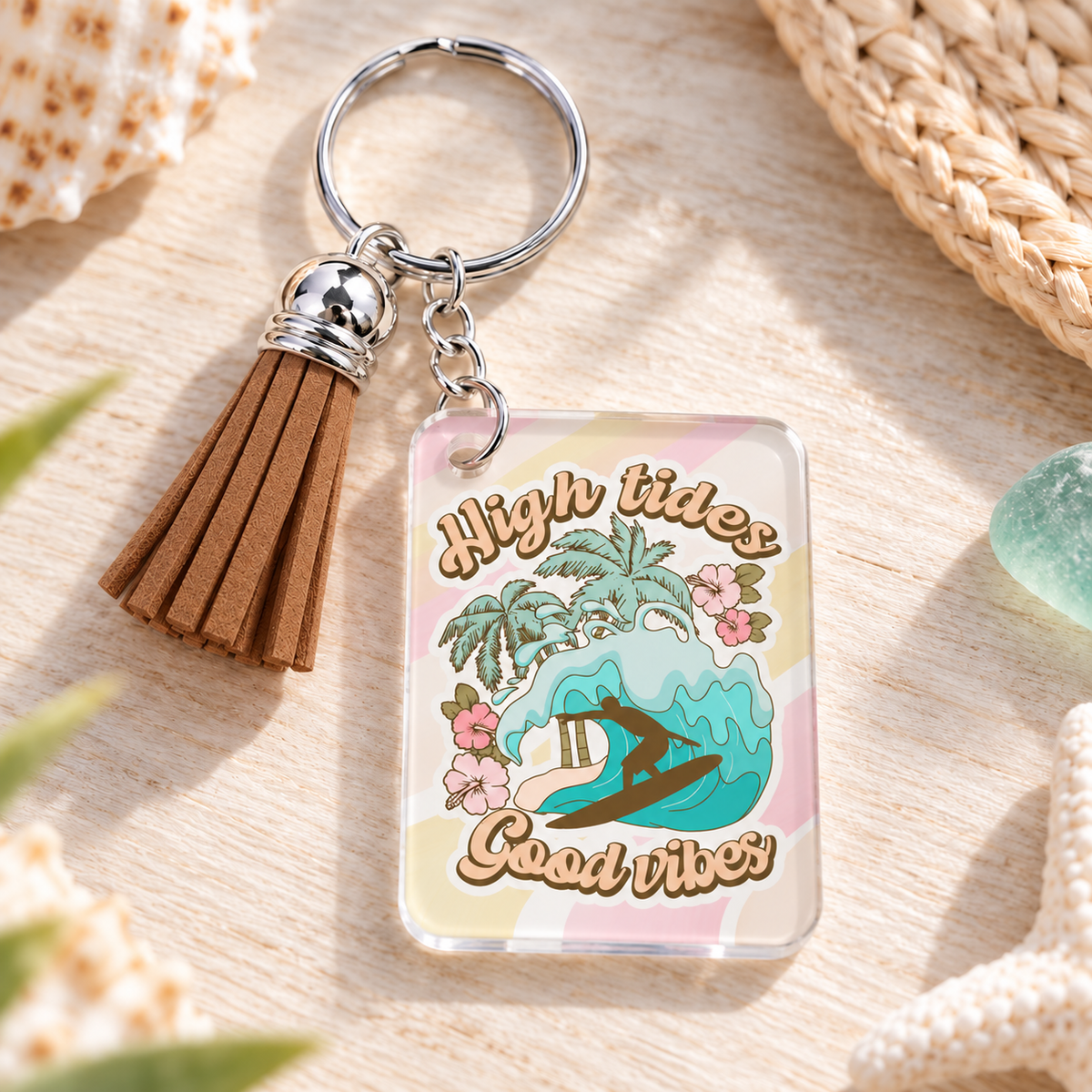High Tides Good Vibes keychain with brown tassel