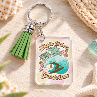 High Tides Good Vibes keychain with green tassel