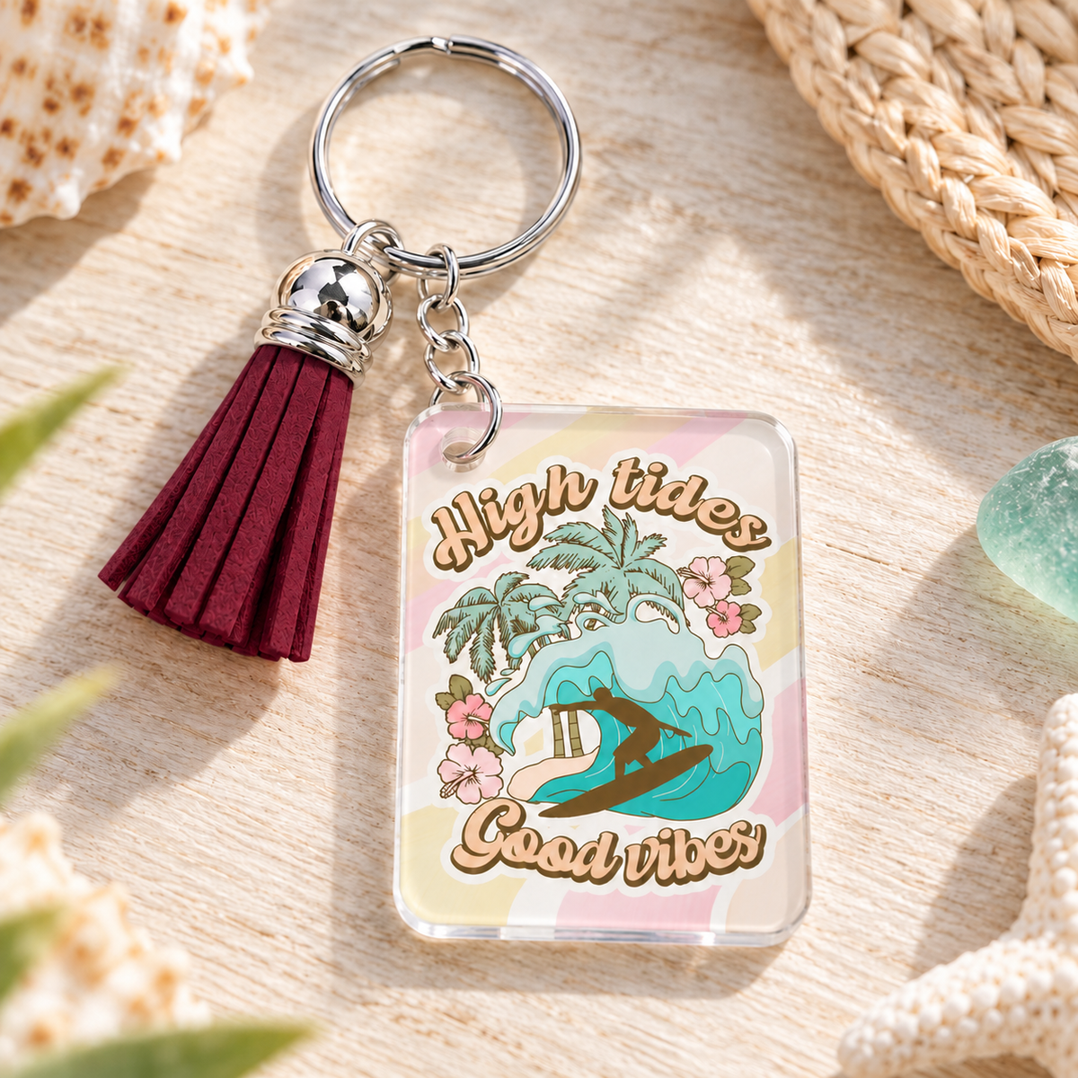 High Tides Good Vibes keychain with maroon tassel
