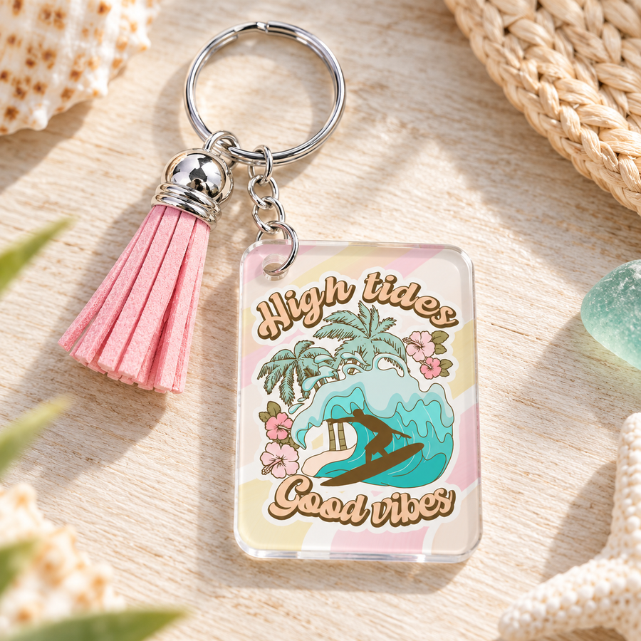 High Tides, Good Vibes Acrylic Keychain – Beach Gift
