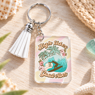 High Tides Good Vibes keychain with white tassel