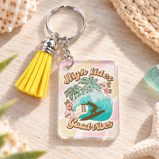 High Tides Good Vibes keychain with yellow tassel