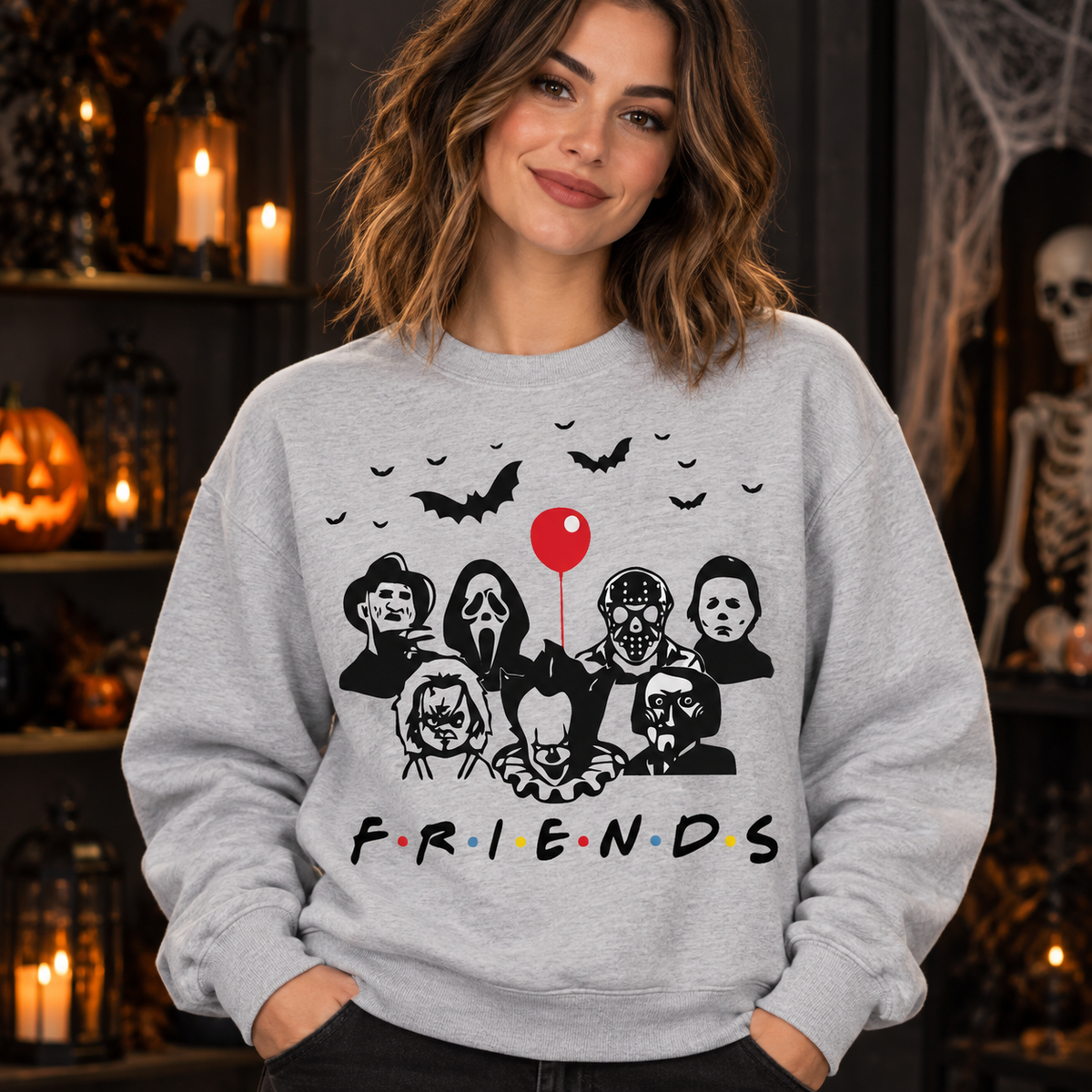 Horror Friends Balloon & Bats – Halloween Apparel crewneck model mockup