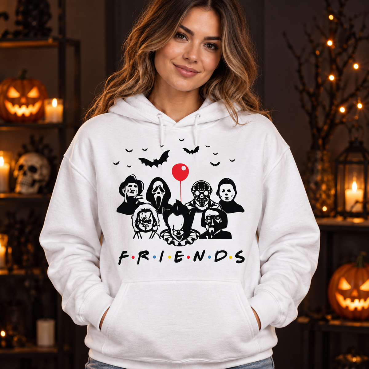 Horror Friends Balloon & Bats – Halloween Apparel hoodie model mockup