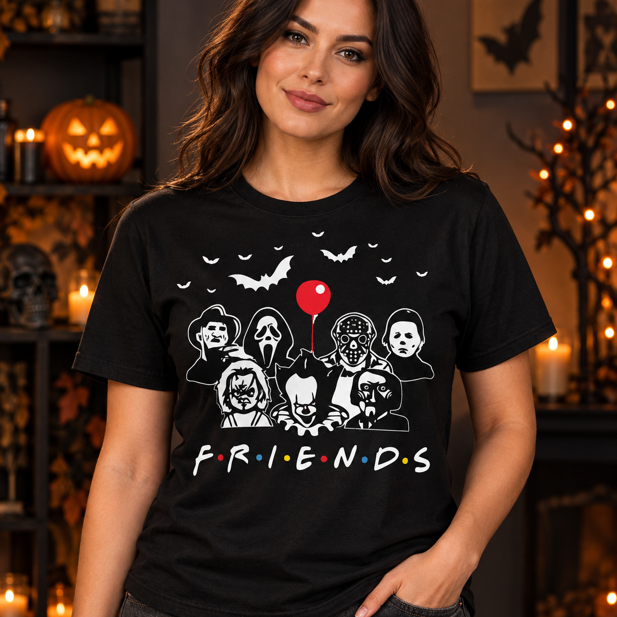 Horror Friends Balloon & Bats – Halloween Apparel T-shirt model mockup