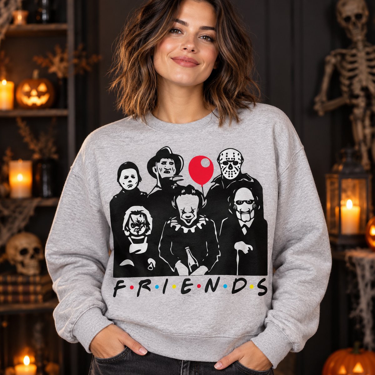 Horror Friends Group Portrait – Halloween Apparel crewneck model mockup