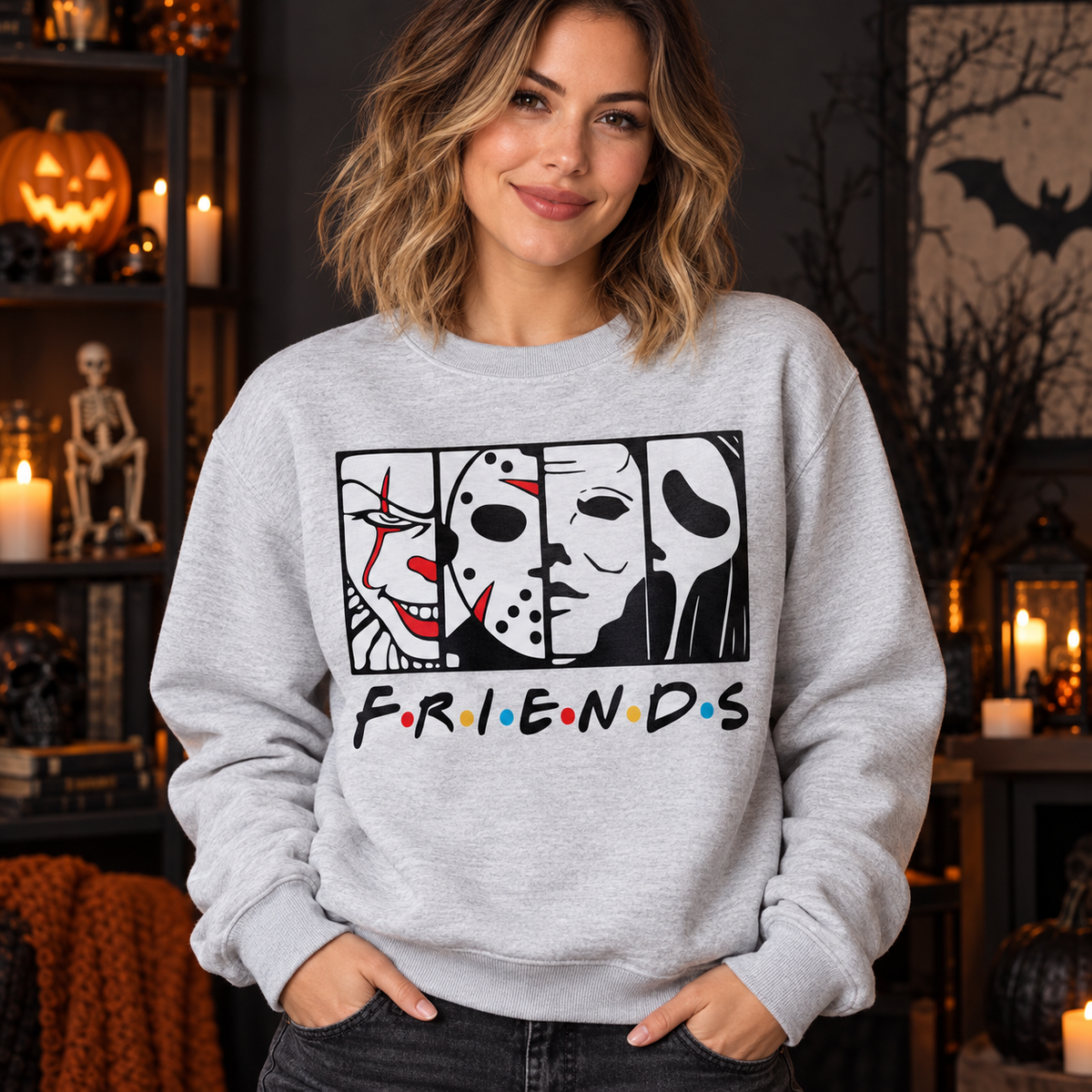 Horror Friends Face Panels – Halloween Apparel crewneck model mockup
