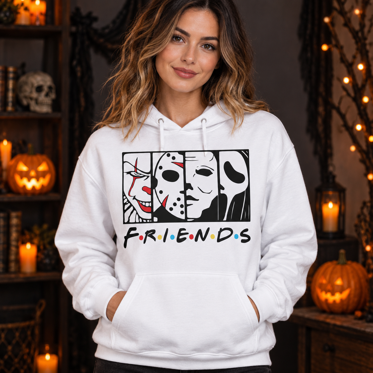 Horror Friends Face Panels – Halloween Apparel hoodie model mockup