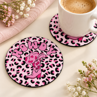 Howdy round coaster set of two with thin black rubber backing