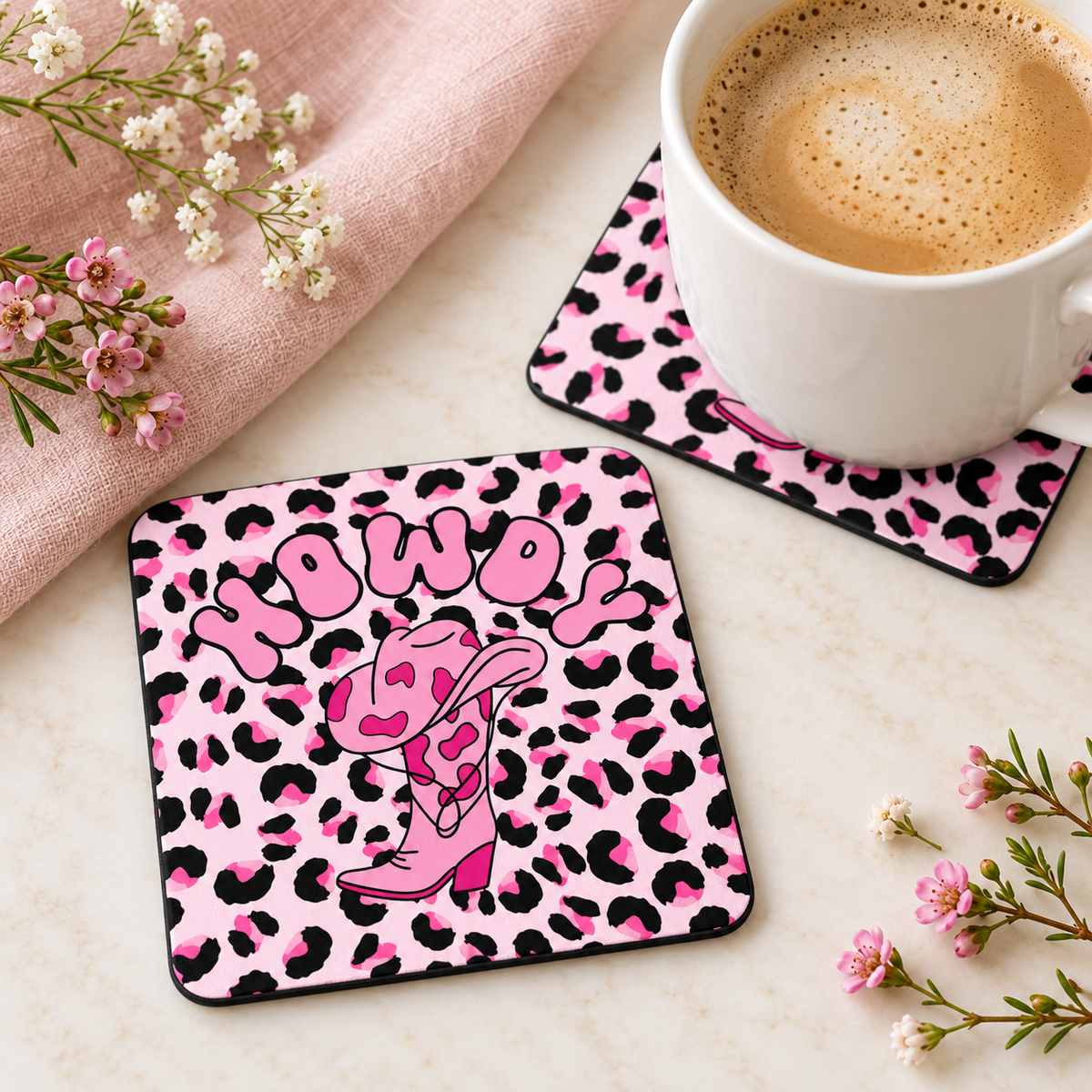 Howdy square coaster set of two with thin black rubber backing