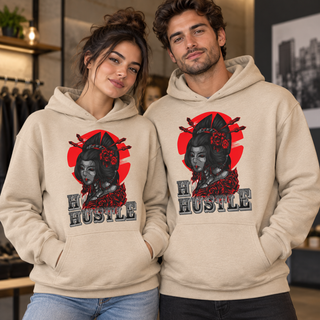 Hustle Geisha Graphic Apparel — Beige Hoodie; one garment per purchase