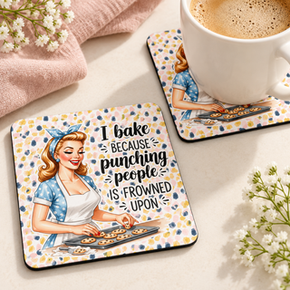 I Bake Because Punching People Is Frowned Upon square coaster set of two with thin black rubber backing