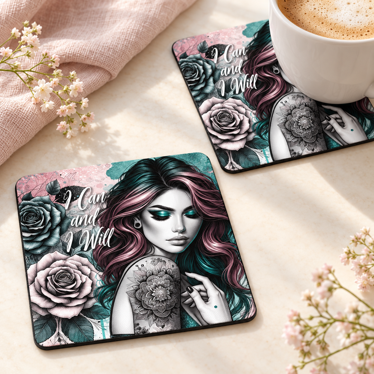 I Can and I Will Square coaster set of two with thin black rubber backing