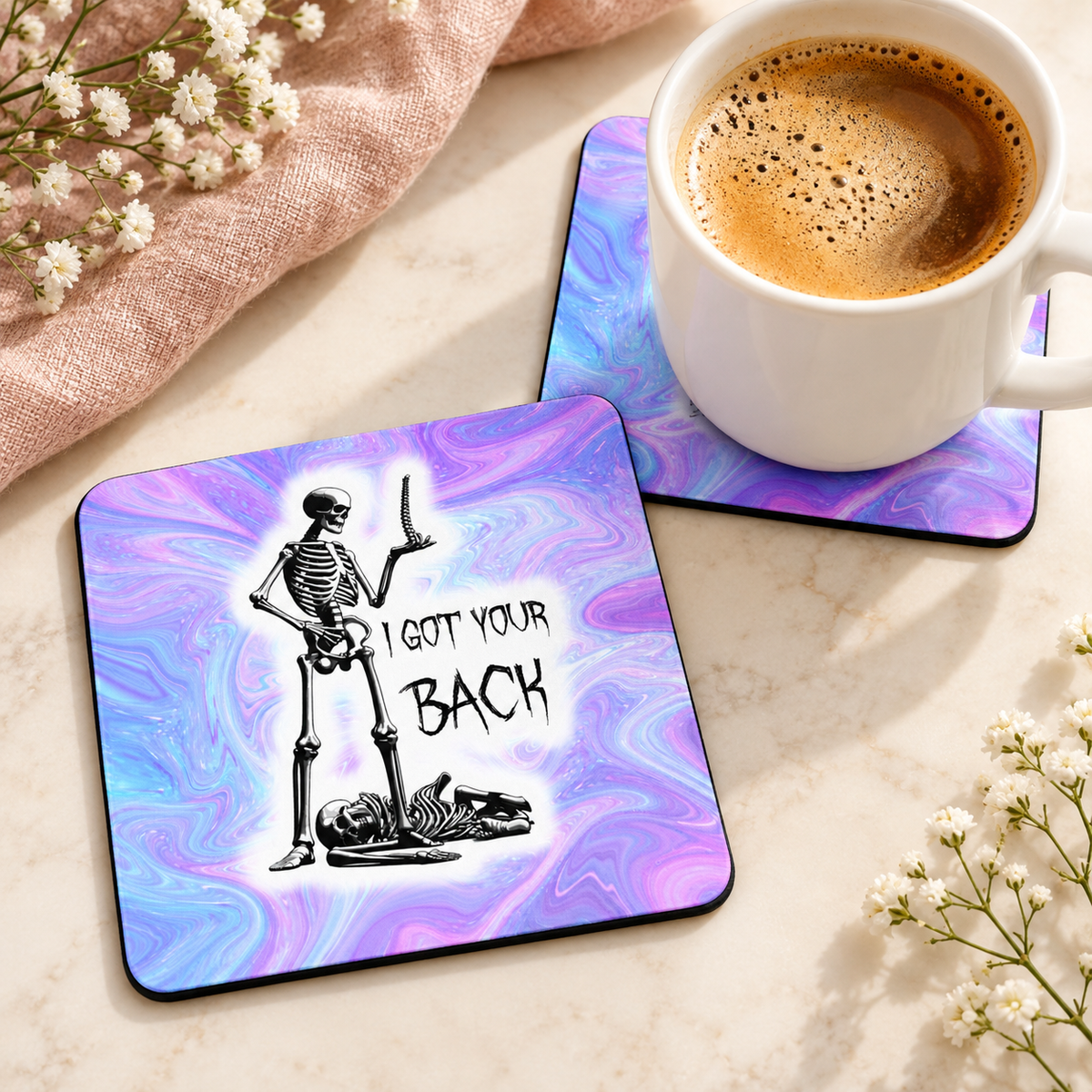I Got Your Back square coaster set of two with thin black rubber backing