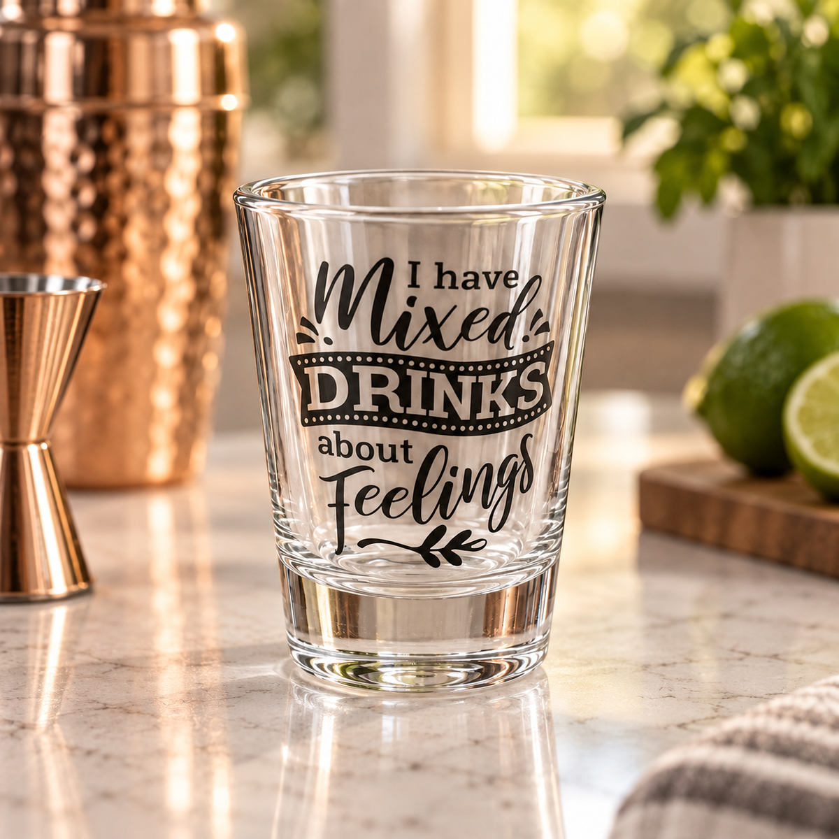 "I Have Mixed Drinks About Feelings" Funny Shot Glass – realistic lifestyle mockup