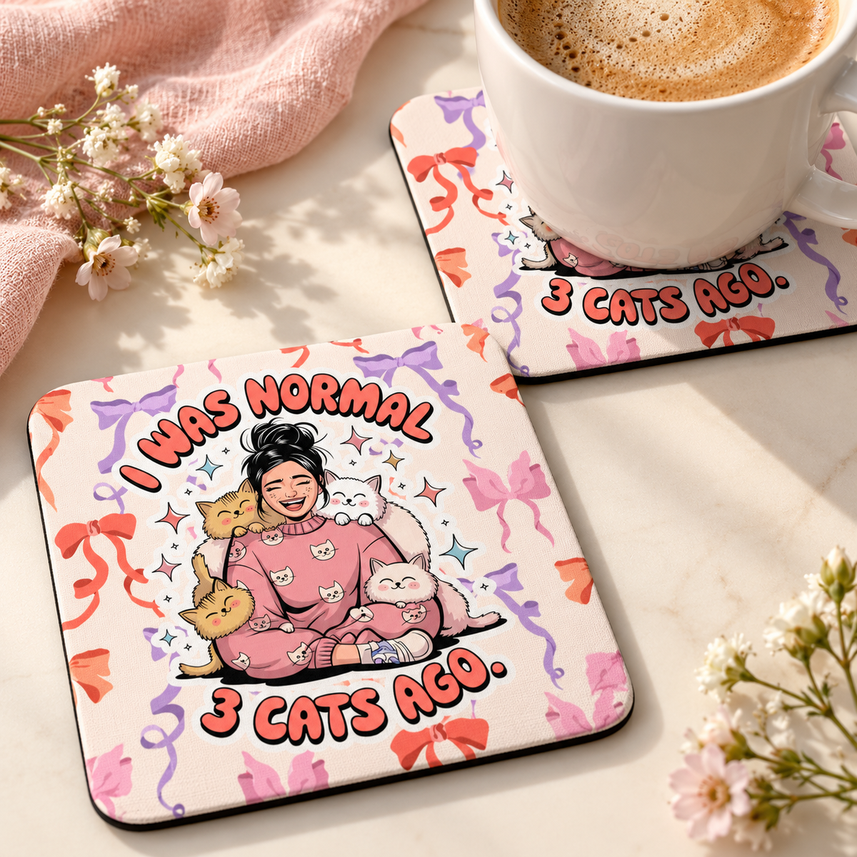 I Was Normal Three Cats Ago Square coaster set of two with thin black rubber backing