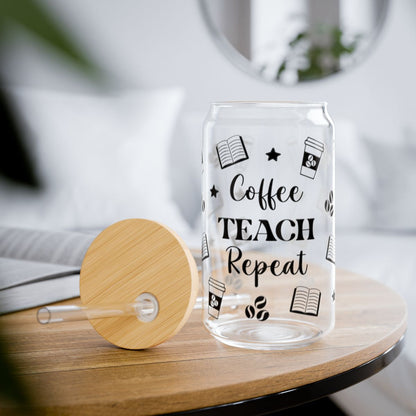 16oz Coffee Teach Repeat Sipper Glass | Teacher Drinkware