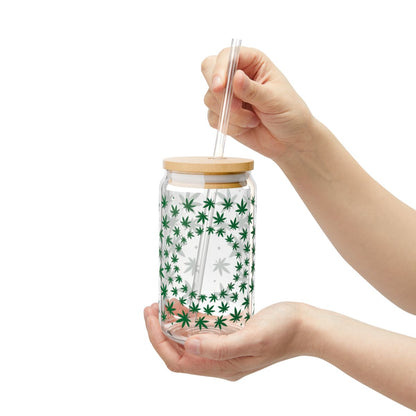 16oz Green Cannabis Leaf Pattern Sipper Glass