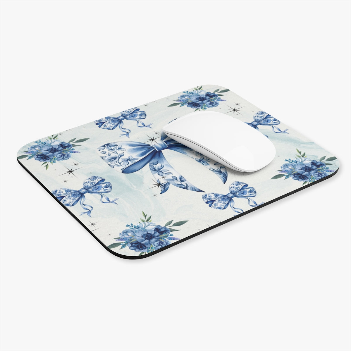 Blue Floral Bow  — Elegant Vintage-Inspired Desk Mat
