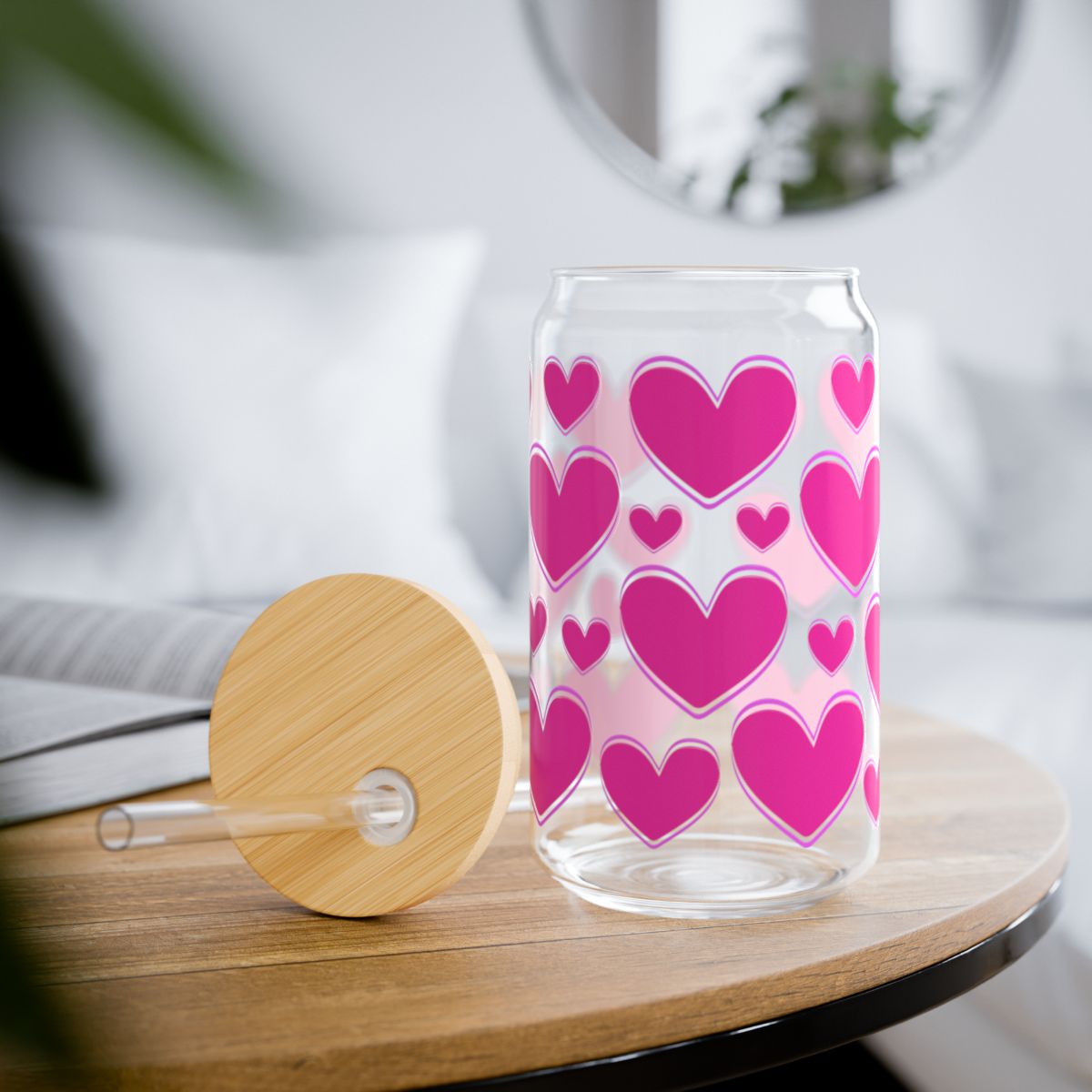 16oz Pink Heart Pattern Sipper Glass