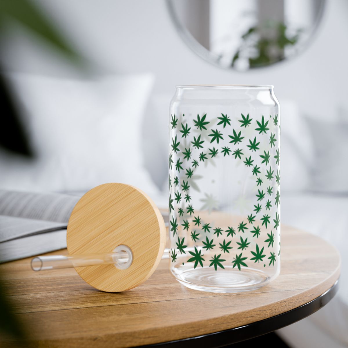 16oz Green Cannabis Leaf Pattern Sipper Glass