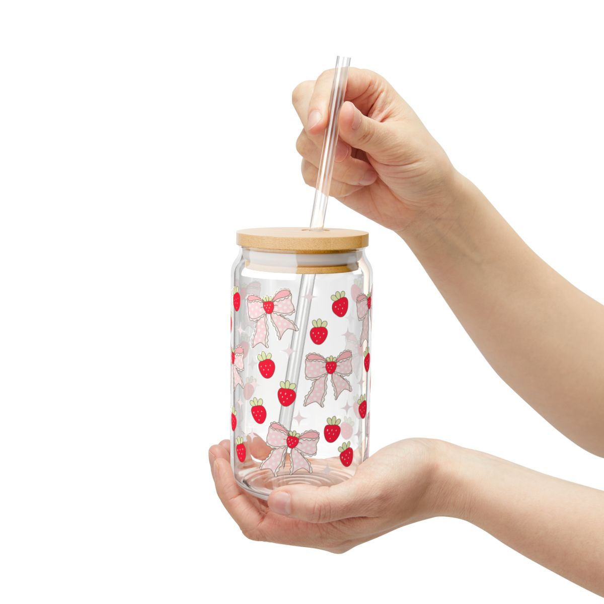 16oz Strawberry Bow Pattern Sipper Glass