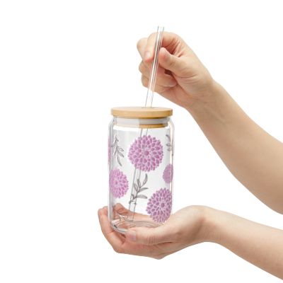 16oz Pink Dahlia Floral Sipper Glass