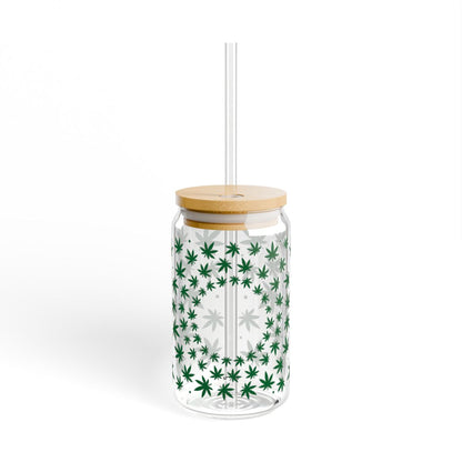 16oz Green Cannabis Leaf Pattern Sipper Glass