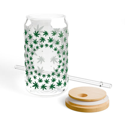 16oz Green Cannabis Leaf Pattern Sipper Glass