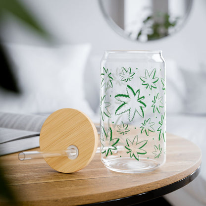16oz Green Leaf Pattern Sipper Glass