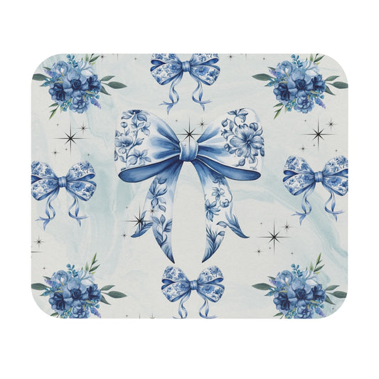 Blue Floral Bow  — Elegant Vintage-Inspired Desk Mat