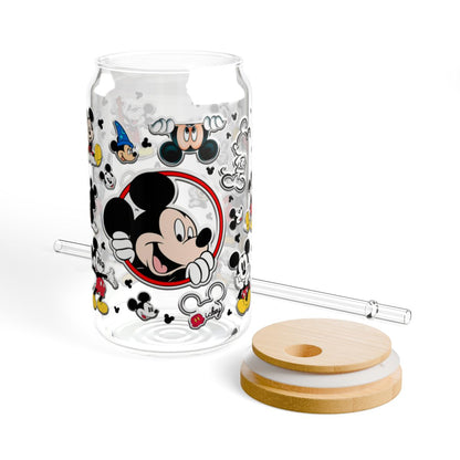 16oz Mickey Mouse Collage Sipper Glass | Cute Cartoon Character Drink Jar