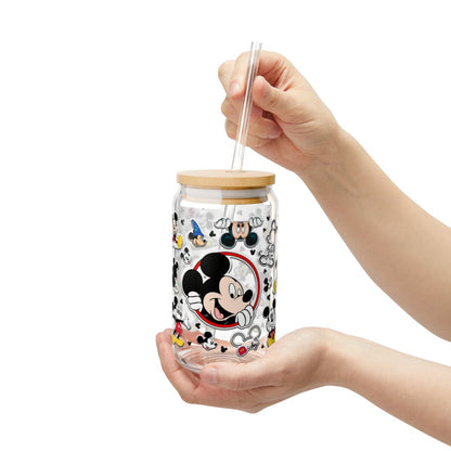 16oz Mickey Mouse Collage Sipper Glass | Cute Cartoon Character Drink Jar