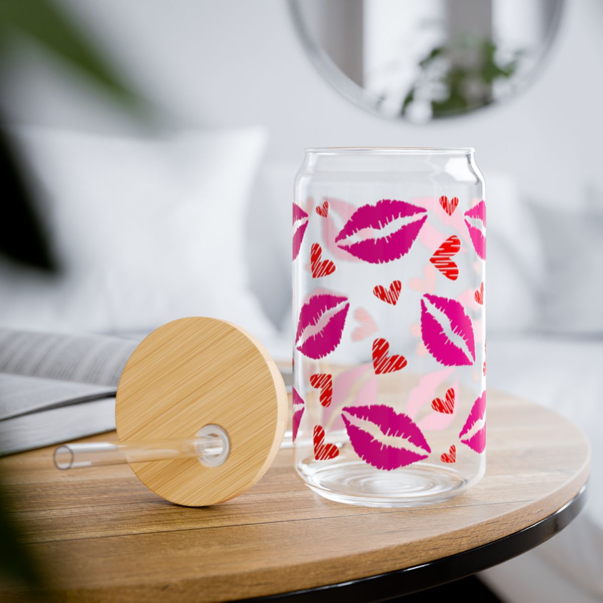16oz Pink Kiss Lip Pattern Sipper Glass