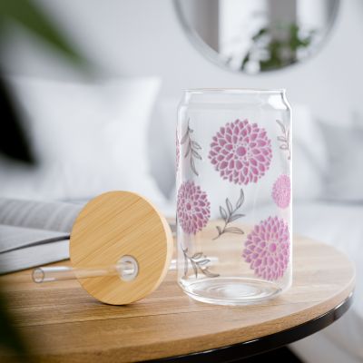 16oz Pink Dahlia Floral Sipper Glass