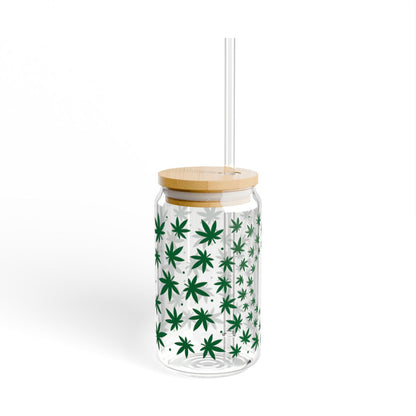 16oz Green Cannabis Leaf Pattern Sipper Glass