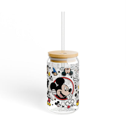 16oz Mickey Mouse Collage Sipper Glass | Cute Cartoon Character Drink Jar