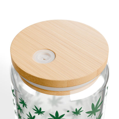 16oz Green Cannabis Leaf Pattern Sipper Glass