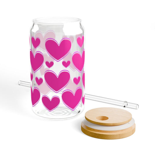 16oz Pink Heart Pattern Sipper Glass