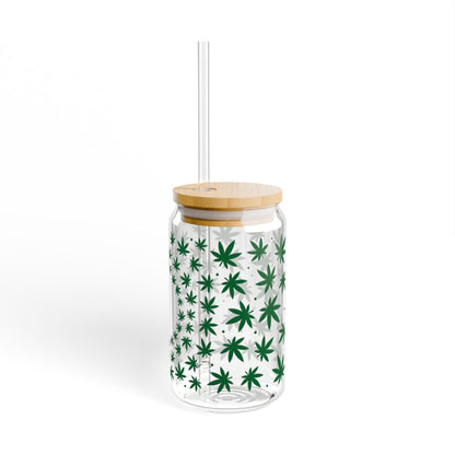 16oz Green Cannabis Leaf Pattern Sipper Glass