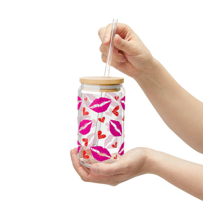 16oz Pink Kiss Lip Pattern Sipper Glass