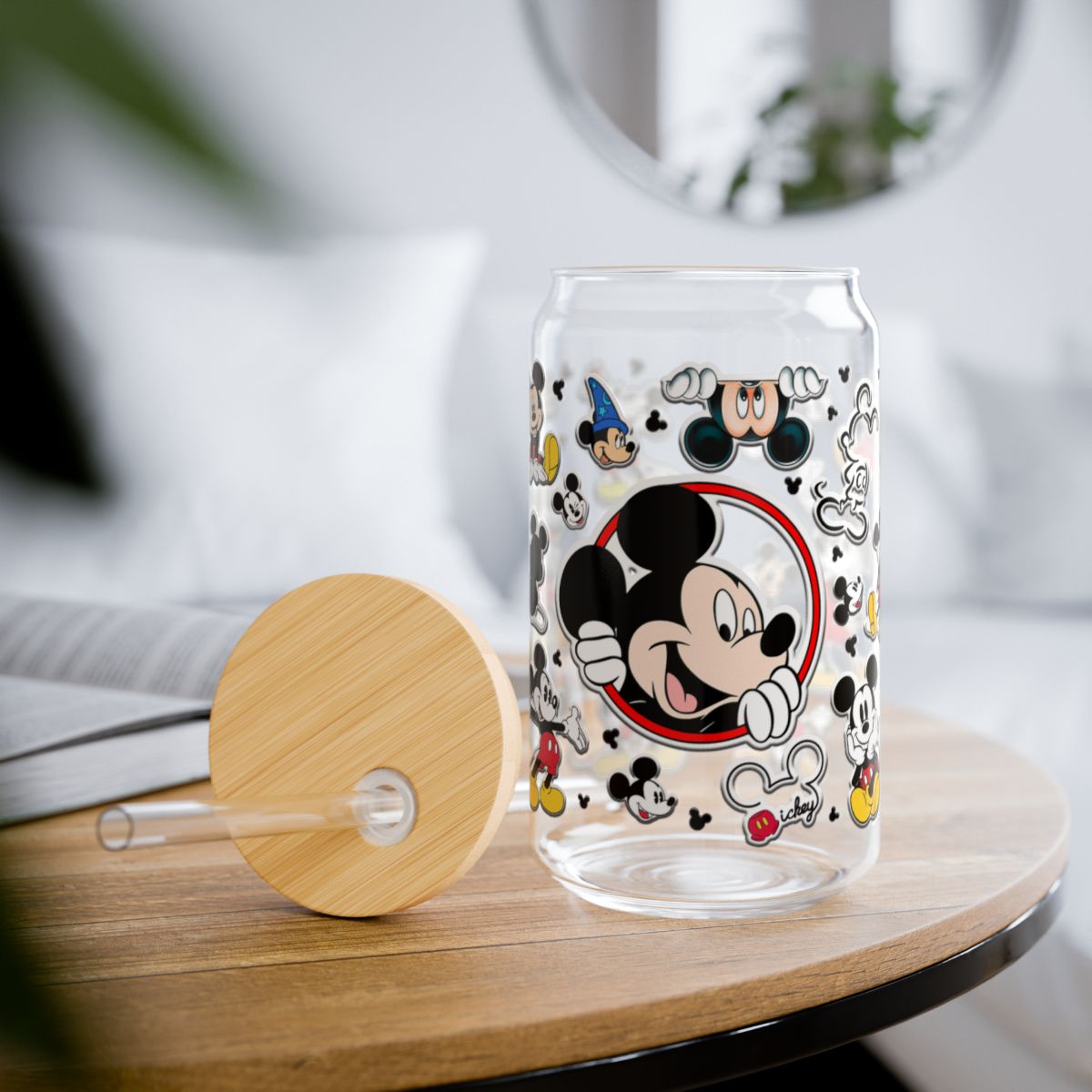 16oz Mickey Mouse Collage Sipper Glass | Cute Cartoon Character Drink Jar
