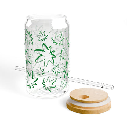 16oz Green Leaf Pattern Sipper Glass