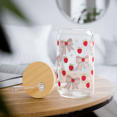 16oz Strawberry Bow Pattern Sipper Glass